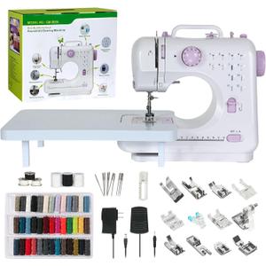 Sewing Machine for Beginners, Mini Sewing Machine Built-in 12 Stitches, 13 Replaceable Presser Feet, Extension Table, Light, Reverse Sewing, 2 Speed Foot Pedal, Portable Sewing Kit (Purple)