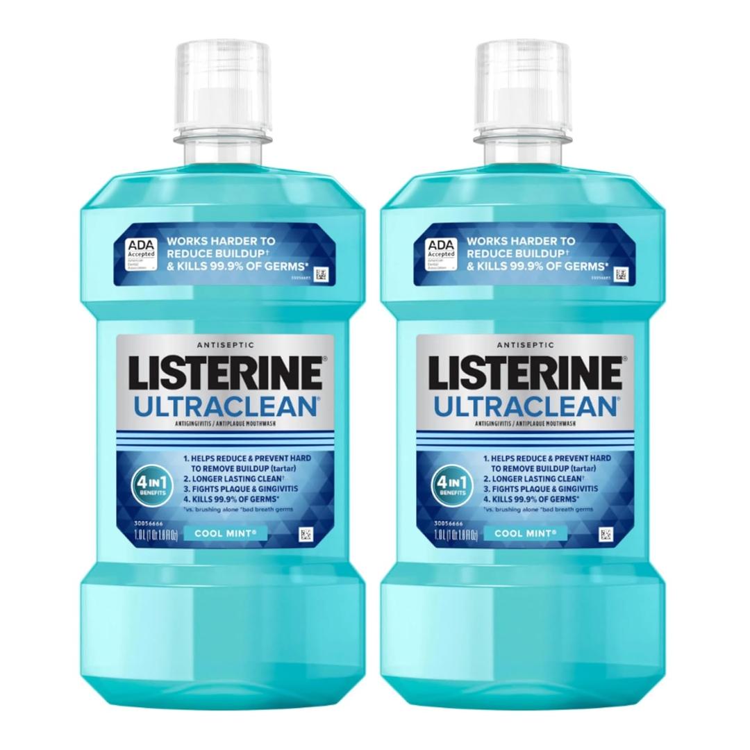 Listerine Ultraclean Oral Care Antiseptic Mouthwash, Everfresh Technology to Help Fight Bad Breath, Gingivitis, Plaque & Tartar, ADA-Accepted Tartar Control Oral Rinse, Cool Mint, 1 L (Pack of 2)