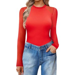 Avidlove Women Long Sleeve Bodysuit Crew Neck Body Suits Mesh One Piece Leotards Shirt Going Out Bodysuit Tops (Large, Red)