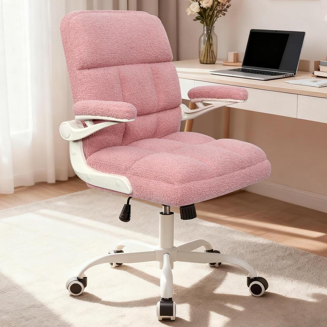 RunRunFlower Office Chair with Wheels, Ergonomic Computer Desk Chair with Flip-up Armrest, Adjustable Rolling Swivel Chair Teddy Fleece – Dusty Pink