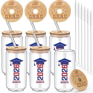 6 Pcs Red and Blue Class of 2026 Graduation Gifts Graduation Glass Cup with Lids Straw 16oz Congrats Grad Coffee Mugs for Her Him Men Women Middle & High School College Tumbler Party Favor