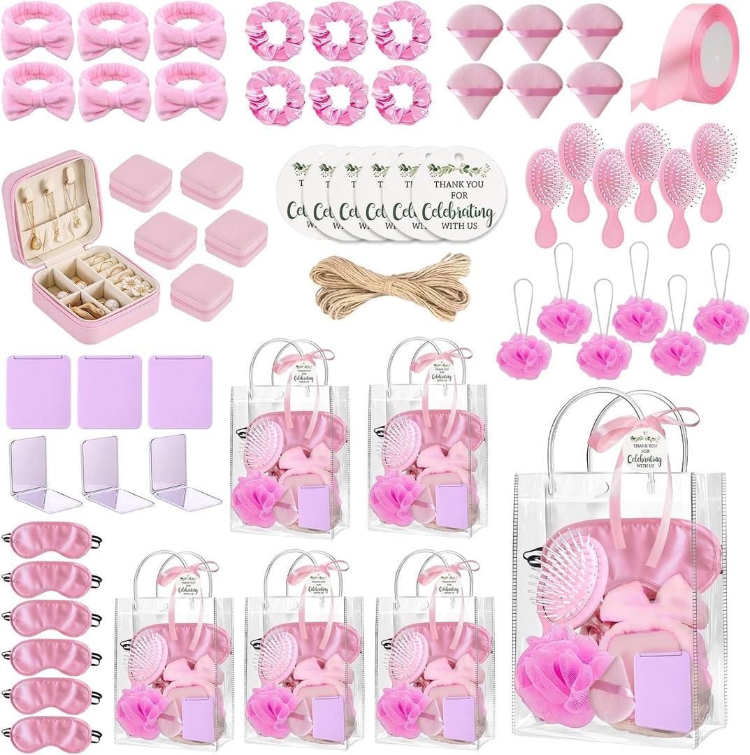 6 Sets Baby Shower Prizes for Winners Headband Hair Brush Jewelry Box Sleep Mask Compact Mirror Powder Puff Hair Tie Gift Bag Baby Shower Favors Bridal Shower Thank You Gifts for Guests (Pink)