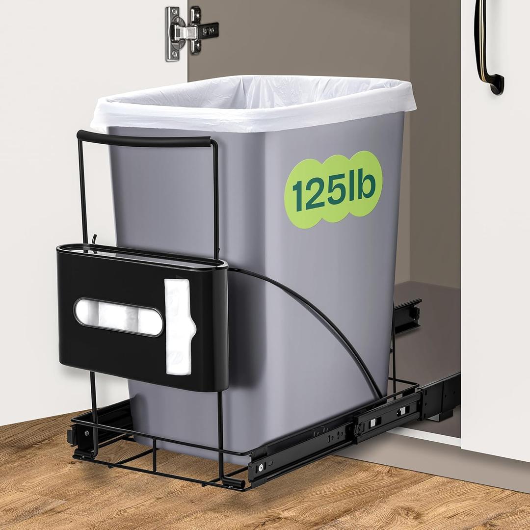 Pull Out Trash Can Under Cabinet Shelf - Under Sink Trash Can Pull Out Slider for 3040 Quart Cans Up to 125 lb - Cabinet Trash Can Pull Out Kit w/Garbage Bag Holder - (Can Not Included)