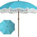 7ft Patio Umbrella with Fringe, Boho Beach Umbrellas, Outdoor Tassels Umbrellas with Push Button Tilt & Carrying Bag, 8 Windproof Fiberglass Ribs, UPF50+