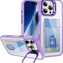 Wallet Clear Case for iPhone 16 Pro 6.3 inch with Card Holder Built-in Camera Ring Stand Military-Grade Protection Kickstand Cover Light Purple