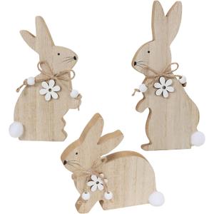 WellSign Easter Bunny Table Wooden Sign Decorations for Home, 3 Pieces Farmhouse Rabbit with Pompom Ball for Tabletop tiered tray Shelf Mantel Party Outdoor Indoor Decor