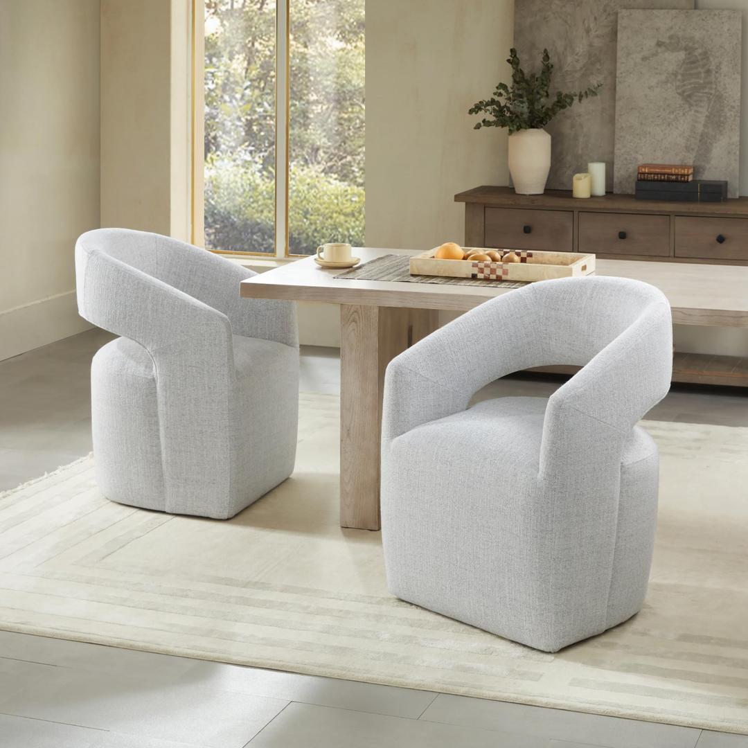 KISLOT Upholstered Dining Chairs with Casters, No Assembly Modern Barrel Armchair with Rollers for Dining Room, Bedroom, Living Room, Reading Room, Home Office, Set of 1, Light Grey