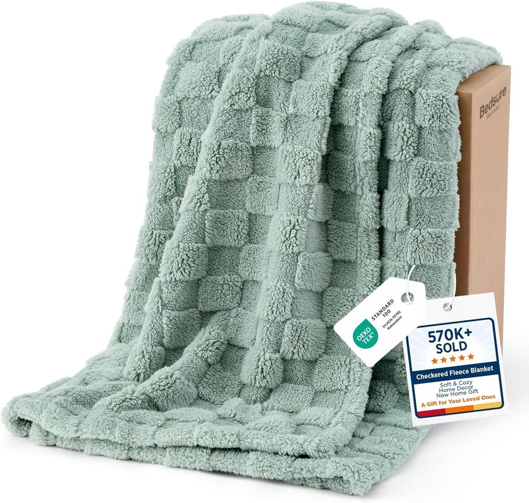 Bedsure GentleSoft Sage Green Throw Blanket for Couch - Checkered Fleece Mothers Gifts Day Blankets, Cute Soft Cozy Spring Summer Throw for Bedroom Home Decor Gifts for Girls, 50x60 Inches