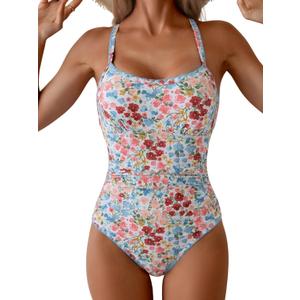 Eomenie Women's One Piece Swimsuit Tummy Control Slimming Bathing Suit Ruched Swimwear Tie Back Shell Stitch Swim Suit S