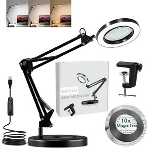 Magnifying Glass with Light and Stand, 10X Magnifying Lamp, 2-in-1 Magnifying Desk Lamp with Clamp, 3 Color Mode, Magnifying Glasses with Light for Close Work (Base  Clamp)
