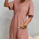 AlvaQ Rompers for Women Solid Color Casual Short Sleeve V Neck Zipper Short Jumpsuits with Pockets (XXL)