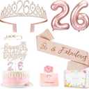 Awfrky 26th Birthday Decorations for Her Women, Including 26 year old Birthday Cake Topper, Queen Sash with Pearl Pin, Sweet Rhinestone Tiara Crown, Number Candles and Balloons Set, Rose Gold