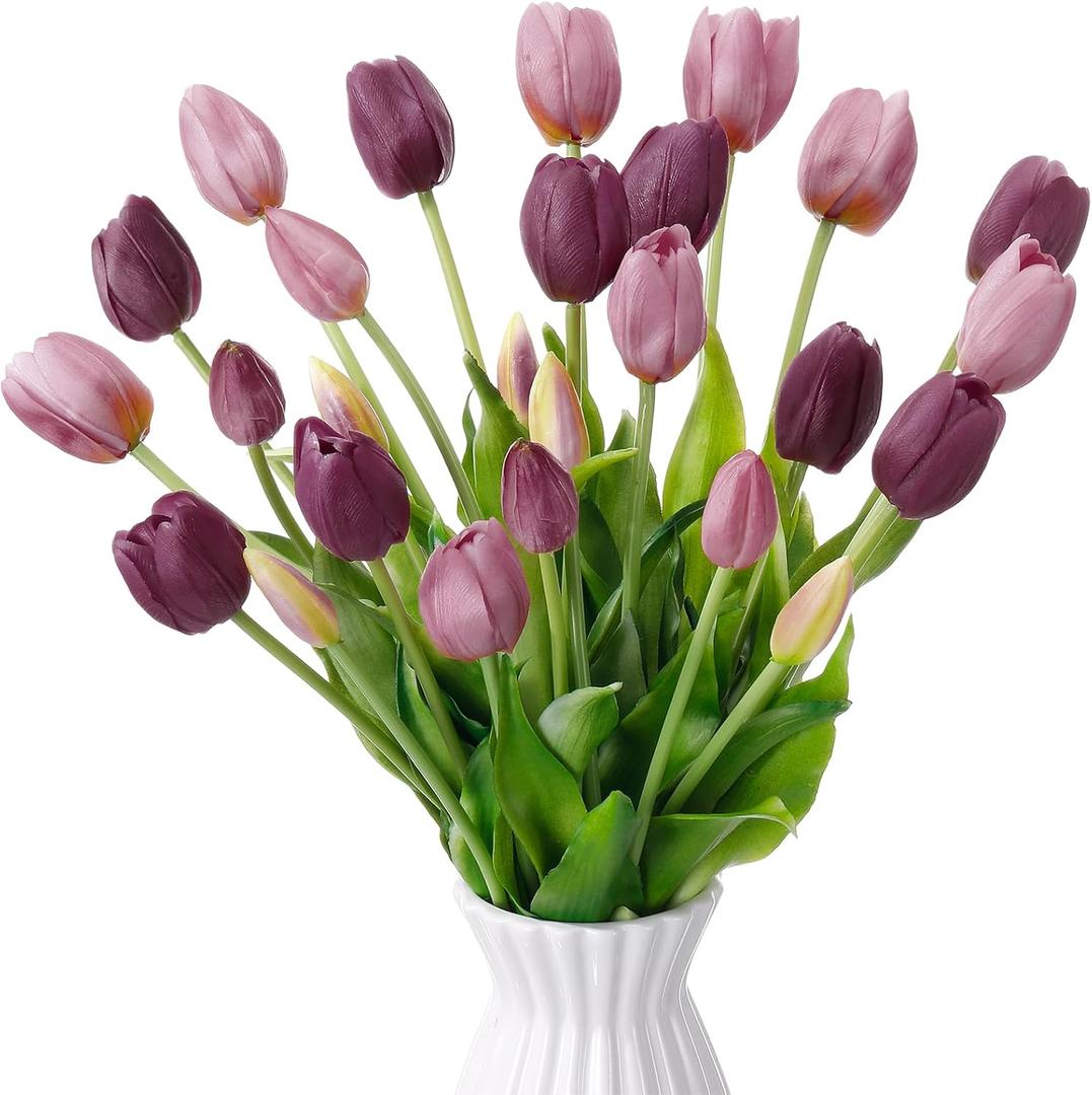 Riceshoot 6 Bunches Artificial Tulips Flowers 30 Pcs Faux Tulips Bouquets Arrangements Realistic Flowers for Office Wedding Party Kitchen Decoration(Mixed Purple)