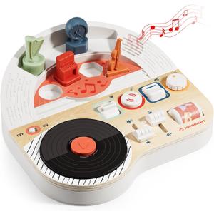 TOP BRIGHT DJ Music Busy Board - Wooden Toddler Toys for Boys and Girls，Montessori Sensory Toy with 14 Activities with Sound Blocks, Portable Travel Toy for 18M+