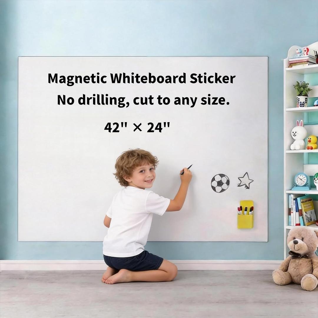 Magnetic Dry Erase Whiteboard 42"x24" - Self-Adhesive Flexible Wall Board for Kitchen, Home Office w/ 11 Markers, 6 Magnets, Eraser & Holder, Ultra Smooth, No Ghosting