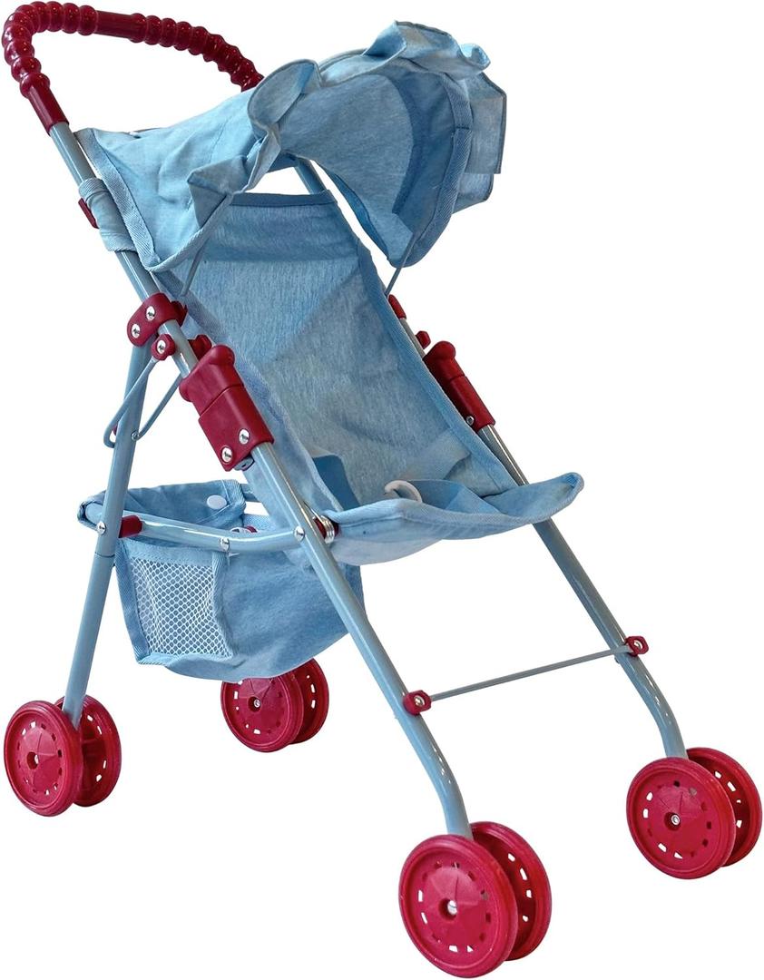 My First Baby Doll Stroller for Toddlers 3 Year Old Girls, Little Kids | Folding Baby Stroller for Dolls, Toy Stroller for Baby Dolls with Bottom Storage Basket, Foldable Frame, Canopy, Seatbelt (Light Denim)