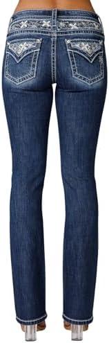 Miss Me Women's Delilah Mid-Rise Slim Bootcut Jeans with Floral Embellished Faux Flap Pockets, Size: 32