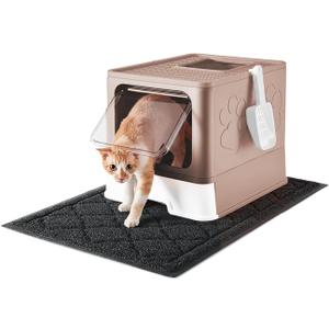 Cat Litter Box with X-Large Litter Mat and Scoop, Large Covered Litter Box with Lid, Enclosed Kitty Box,Front Top Entry Exit, Odor Control Easy to Clean (Upgrade Coffee)