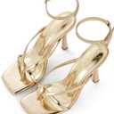 Elisabet Tang Womens Square Toe Heeled Sandals,4.3 inch Square Toe Thong Strappy Ankle Strap Stiletto Heel Sandals Wedding Dress Party Shoes, 10