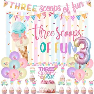 Jollyboom Three Scoops of Fun Birthday Decorations for Girls, Ice Cream 3rd Birthday Decoration Backdrop Banner Cake Cupcake Topper for Girl Summer Ice Cream Theme Three is So Sweet Party