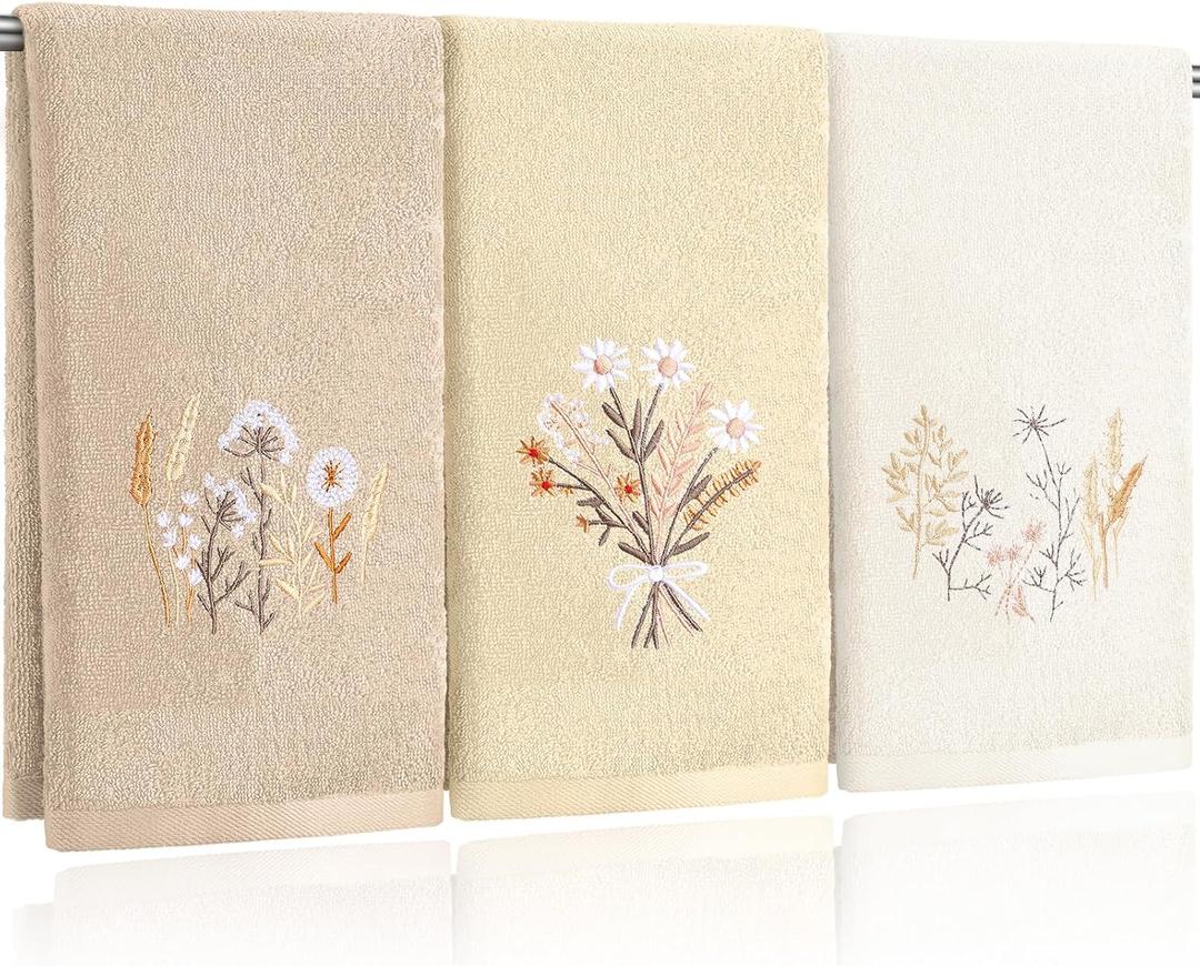 Tingjoo 3 Pcs Neutral Boho Flowers Hand Towels Farmhouse Floral Taupe Pale Orange Wildflowers Bath Towels Washable Soft 14x29 Inch Embroidered Boho Cotton Decorative Decor for Bathroom Kitchen