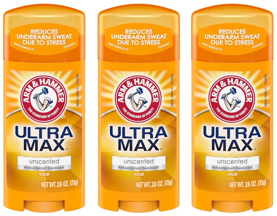 ARM & HAMMER ULTRAMAX Anti-Perspirant Deodorant Solid Unscented, 2.6 Ounce (Pack of 3)