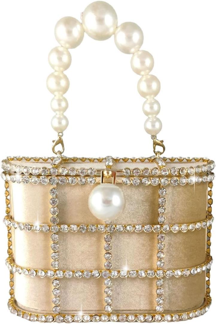 Boutique De FGG Elegant Evening Handbag with Pearl Rhinestone Bucket Bag Crystal Clutch Purses for Wedding Party Small Tote (Gold)