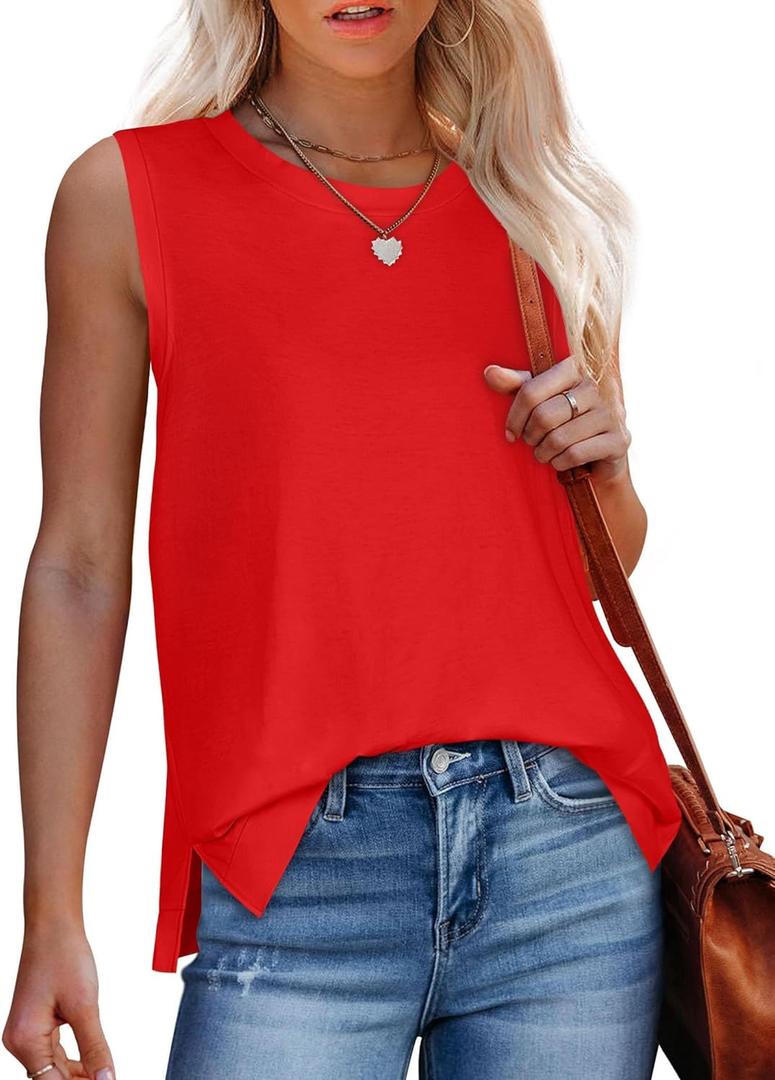 Tank Top for Women Summer Sleeveless Shirts Crewneck Casual Basic Side Split Tops (Large, Pure Red)