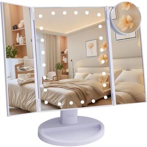 Ms. Pen- Tri-Fold Makeup Mirror Vanity with Lights, 9" x 13.6", 1X/2X/3X/10X Magnification, 24 LED Touch Screen, Dual Power Supply, 180 Rotation, Portable Lighted Cosmetic Mirror for Makeup & Travel