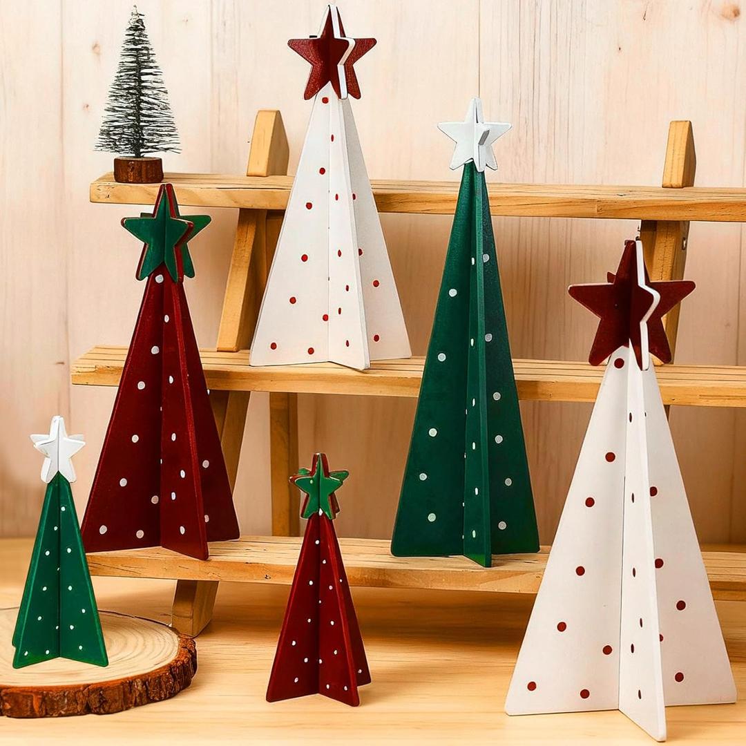 Maitys 12 Pcs Christmas Decoration 4 Sizes Wooden Tree Sign with Tabletop Star Decor Rustic Merry Christmas 3D Freestanding Engraved Trees for Home Table Centerpiece Shelf Mantel Fireplace Party Decor