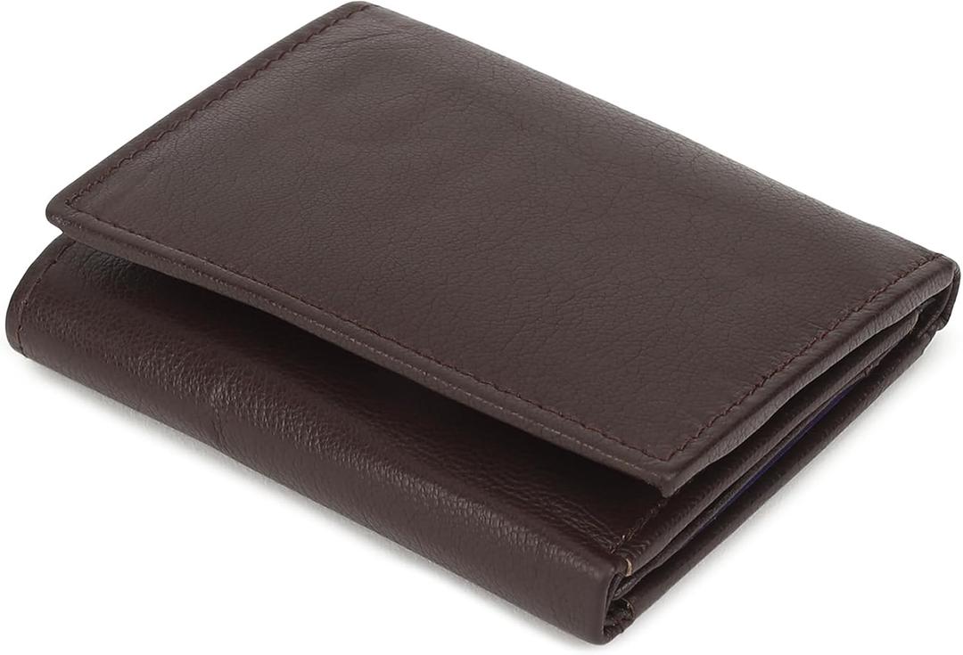 Leatherboss Genuine Leather Boys Slim Compact Flap Id and Coin Pocket Trifold Wallet for men women, Dark Brown