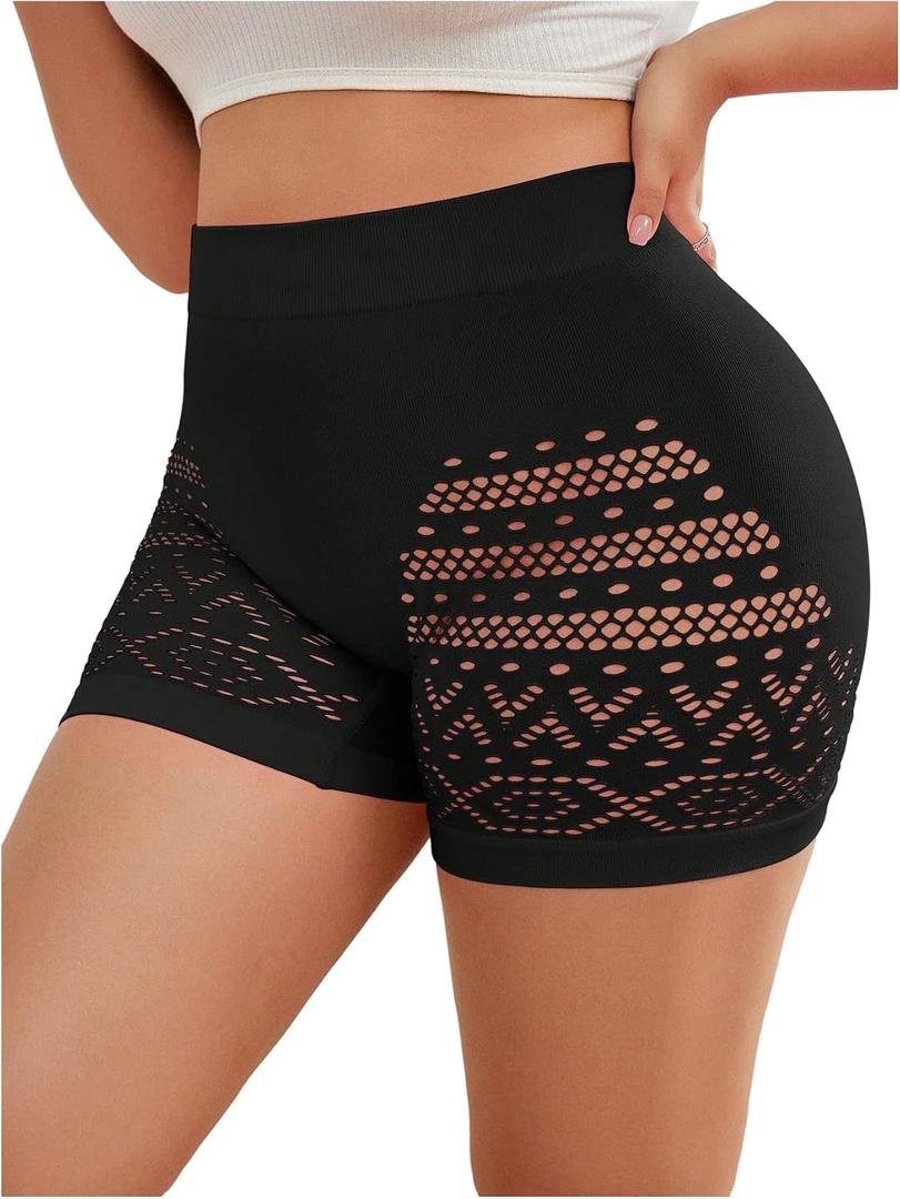 WDIRARA Women's Plus Size Hollow Out Panties High Waisted Seamless Briefs Boyshorts Underwear (Black, XL)