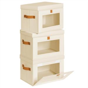 Homsorout Small Fabric Storage bins - Collapsible Storage Bins with Open Window, 3 Pack Closet Baskets for Shelves, Stackable Decorative Boxes for Home, Dorm, Beige, 13.7"x 9.8" x 9.8"