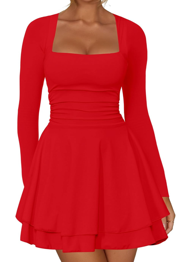 Kaximil Women's Square Neck Ruffle Hem Mini Dress Ruched Waist Long Sleeve Corset Short Party Dresses M