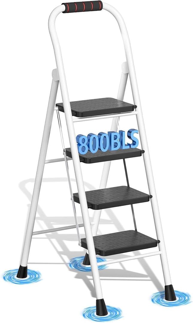 4 Step Ladder, Folding Step Stool with Wide Anti-Slip Pedal & Thick Rubber Feet, Handrail, Safe-Lock Design, Folding Portable Ladder for Multi-Purpose, 800lb, White