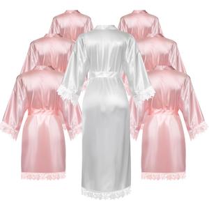 7 Pcs Women's Satin Kimono Robe Set Short Bridesmaid Bride Long Robe with Lace Trim for Bridesmaid and Bride Wedding Party Getting Ready, Pink and White