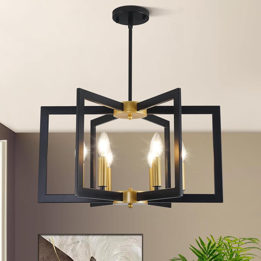 21.6" Black and Gold Chandelier,6-Light Geometric Dining Room Fixture,Modern Industrial Foyer Lighting Fixtures,Rustic Farmhouse Hanging Pendant Lights for Living Room,Bedroom,Entryway,Kitchen Island