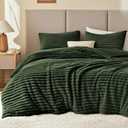 EXQ Home Fluffy Comforter Set King Size - Super Soft Faux Fur Stripe Jacquard Comforter 3 Pieces, Olive Green Fleece Bedding Set,Winter Warm Bed Set,1 Comforter with 2 Pillowcases