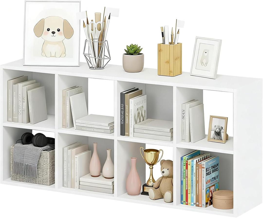 8-Cube Storage Organizer, White Bookshelf with Open Compartments for Home Office, Modern Bookcase Display Shelf for Living Room, Bedroom & Entryway