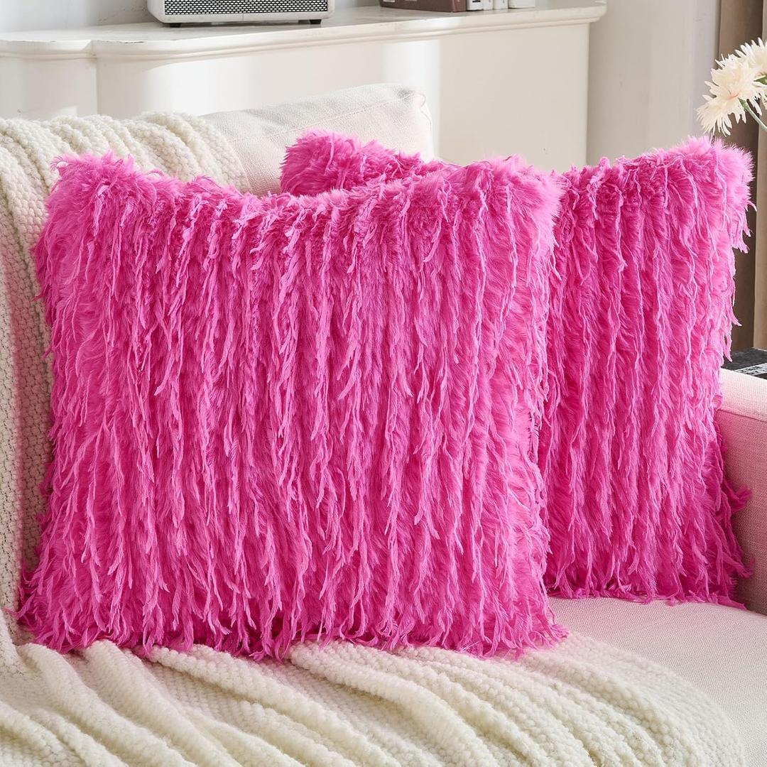 FUTEI Pack of 2 Faux Feather Plush Throw Pillow Covers 18x18 Inch Soft Fluffy Solid Farmhouse Decorative Cushion Cases Modern Luxury Accent for Couch Bed Living Room, Hot Pink
