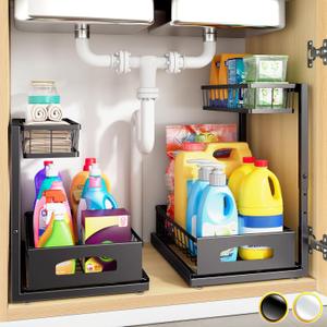 Under Sink Organizer , 2 Pack Height Adjustable Cabinet Organizer with Slide Out Drawer, Pull Out Under Sink Storage, Multi-Purpose 2 Tier Sink Shelves for Kitchen Bathroom Pantry (Black, 2 Pack)