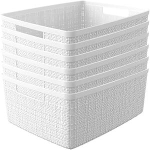 Curver Set of 6 Medium 12L Jute Decorative Plastic Organization and Storage Baskets - Perfect Bins for Home Office, Closet Shelves, Kitchen Pantry and All Bedroom Essentials, White