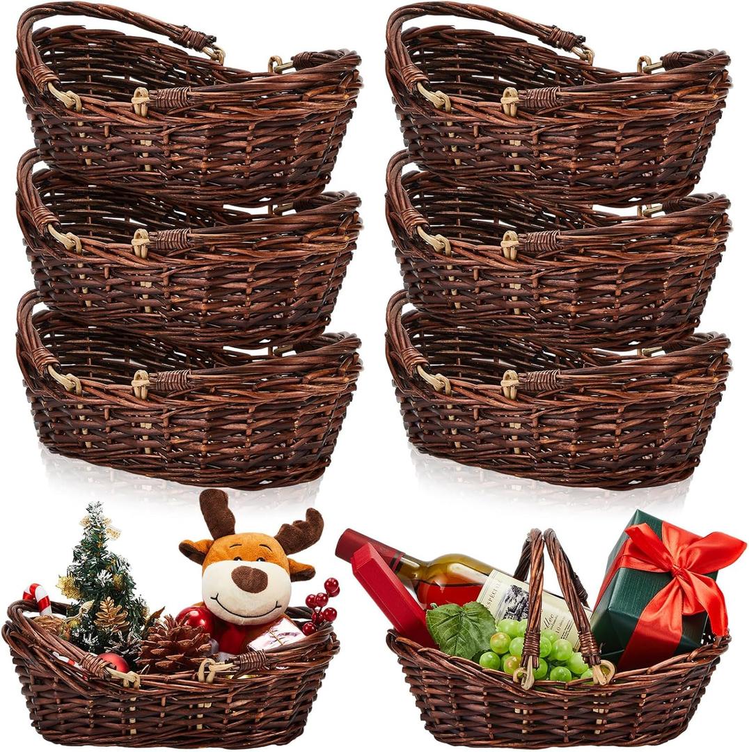 Sintuff 6 Pcs Wicker Picnic Basket with Handle Garden Harvest Empty Easter Eggs and Candy Basket Oval Willow Woven Storage for Organizing, Fruit Egg Storage Gathering Wedding Gifts(Dark Brown)