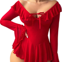 OYOANGLE Women's 2 Piece Off Shoulder Long Sleeve Sheer Nightgowns with Thongs Babydoll Lingerie Set L