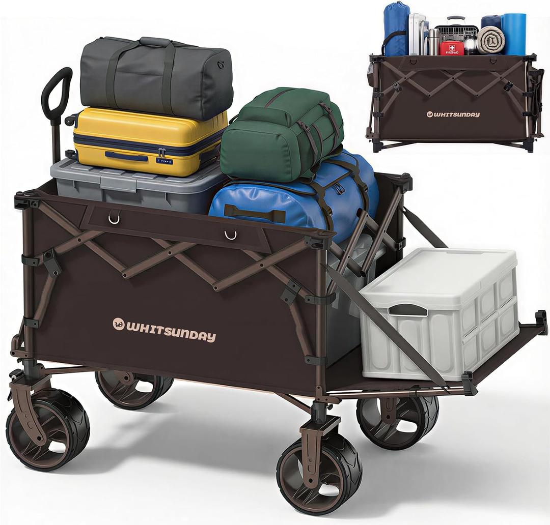 Whitsunday 400L Collapsible Wagon with Tailgate, Folding Heavy Duty Wagon with All-Terrain Big Wheels for Camping,Garden,Beach Max Size Brown