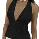 MakeMeChic Women's Y2K Halter Embroidery Tank Top Party Tie Backless Deep V Neck Cami Top (Black, M)