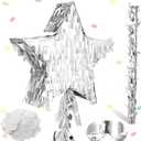 Sratte Star Piata with Tassel Mini Silver Piata Festive Star Piata with Stick Blindfold Confetti Foil Piata 12 x 12 x 3 Inch for Adults Anniversary Mexican Birthday Baby Shower Party