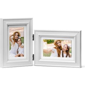 4x6 Double Picture Frame Vertical Horizontal Hinged Pine Wood Folding Photo Frame with Real Glass, Combo Display 4x6 Photos Matted to 3x5, Free-Standing Desk Tabletop or Wall Decor, White
