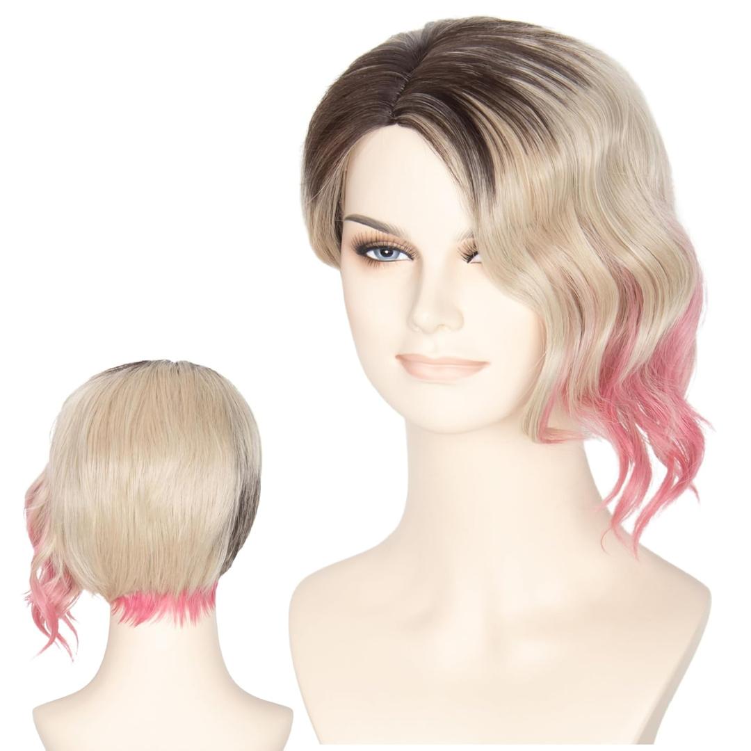 Miss U Hair Short Blonde Pink Ombre With Dark Roots Wig Women Cosplay Halloween Wig