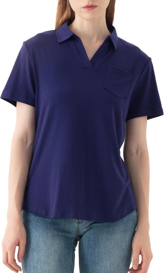 Women's V-Neck Ruffle Design Polo Shirts Short Sleeve Collared Loose Casual Tunic Blouses with Pocket (Blue, S)